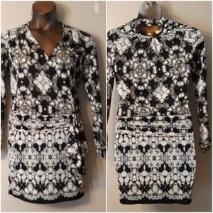 Cache Black White Print Ruched Faux Wrap Dress XS